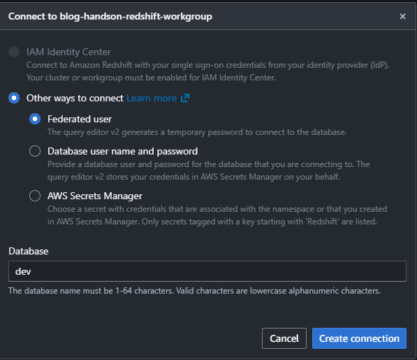 Amazon Redshift Serverless クエリエディタ ワークグループ接続